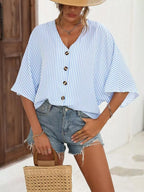 V-neck Striped Batwing Sleeve Casual Blouse (8)