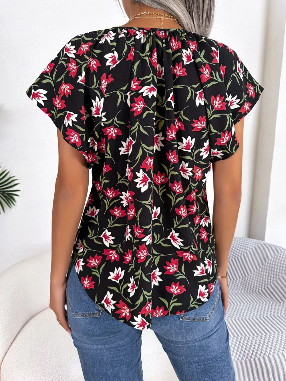 Floral Tie Neck Flutter Sleeve Blouse (6)