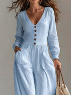 V-neck Long Sleeve Button-down Wide Leg Jumpsuit (12)