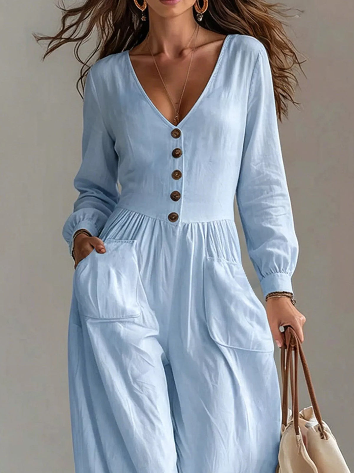 V-neck Long Sleeve Button-down Wide Leg Jumpsuit (12)