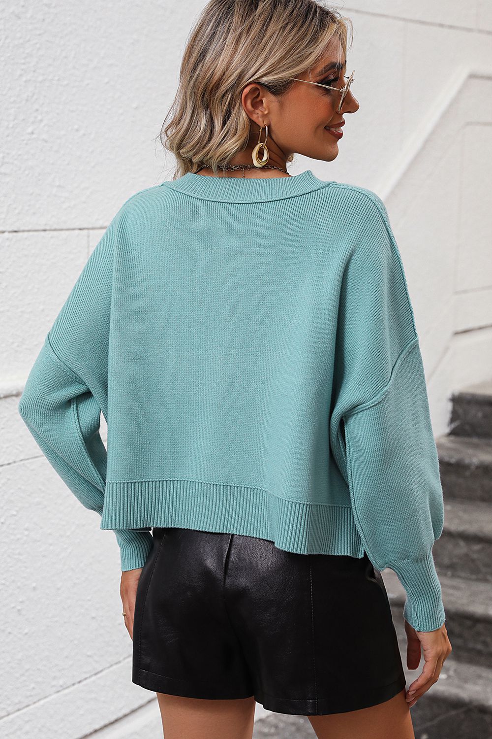 Round Neck Dropped Shoulder Pullover Sweater (17)