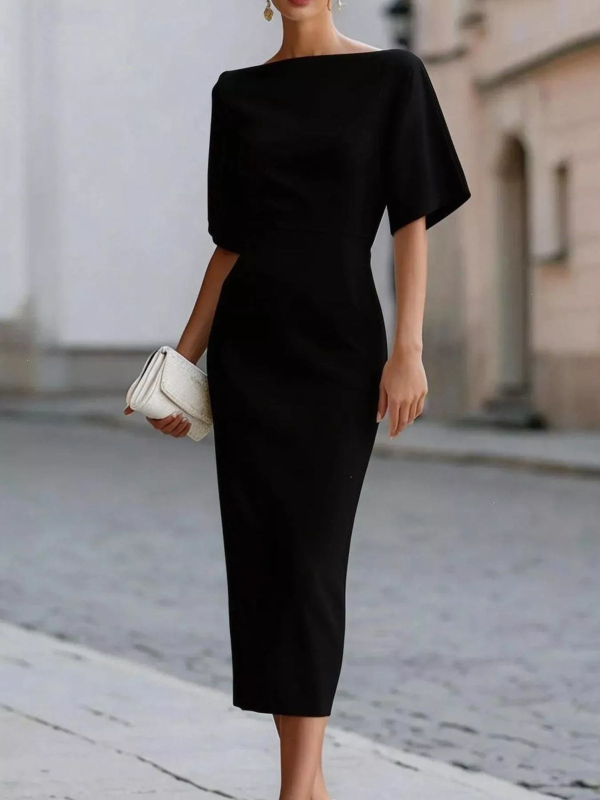 Half Sleeve Boat Neck Midi Dress (5)