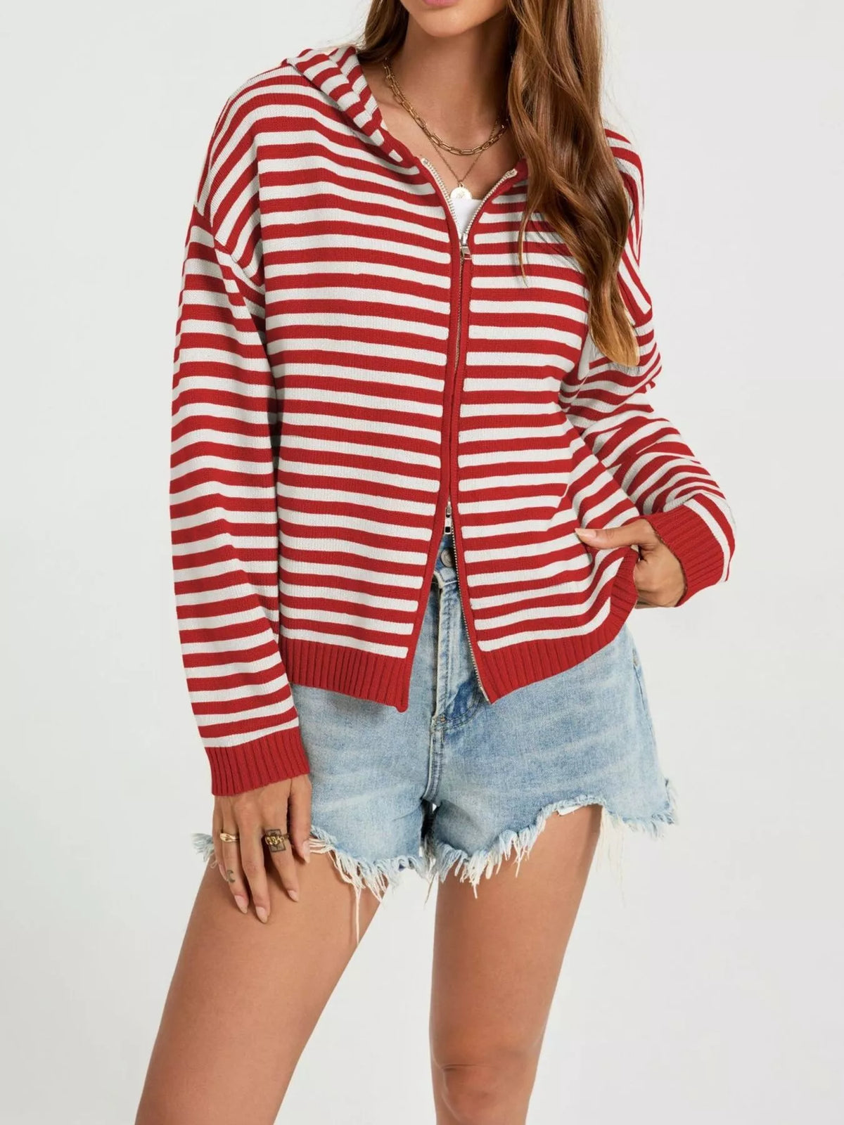 Striped Hooded Zip-up Knit Cardigan (2)