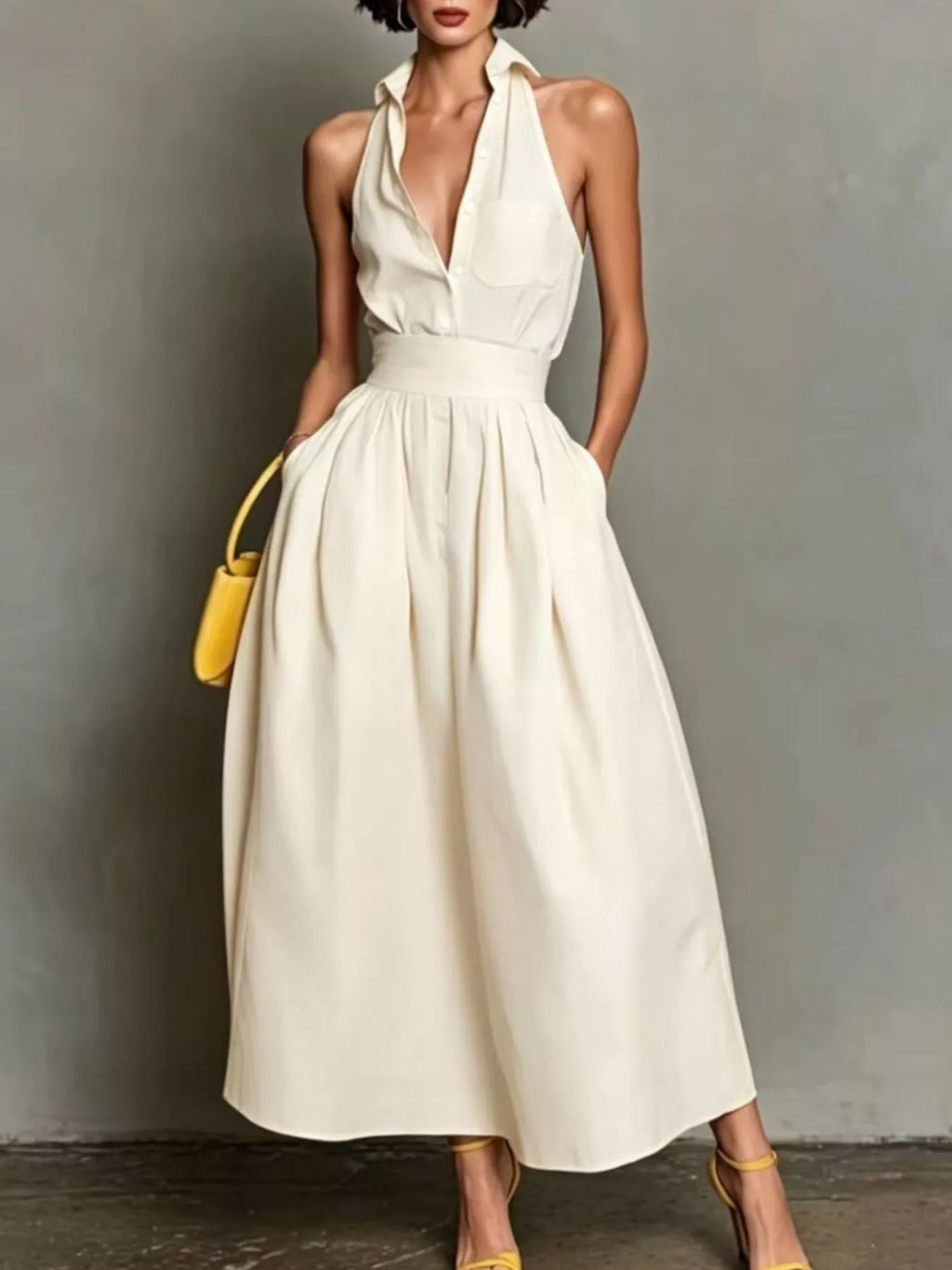 Sleeveless Collared A-line Midi Dress