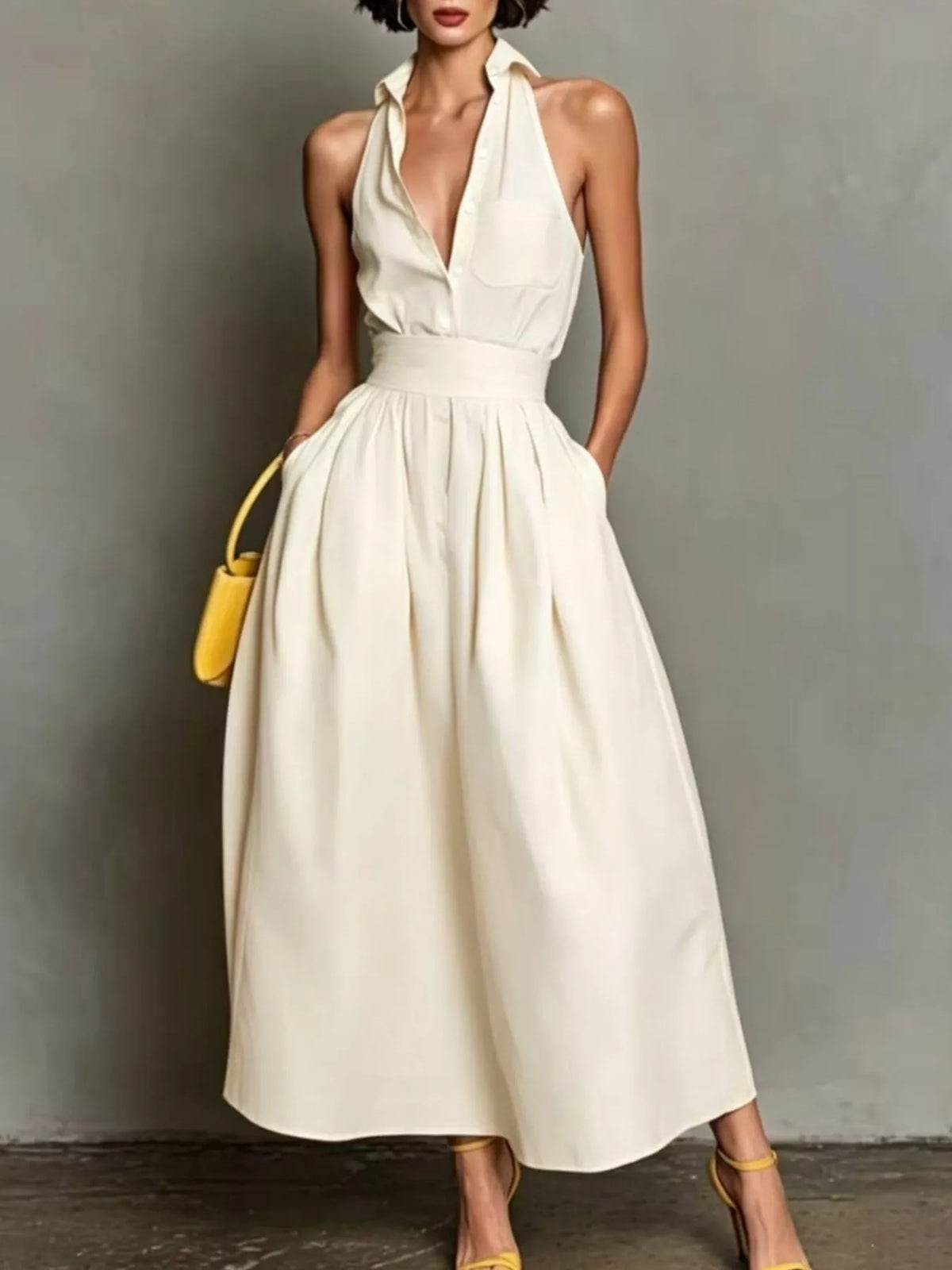 Sleeveless Collared A-line Midi Dress