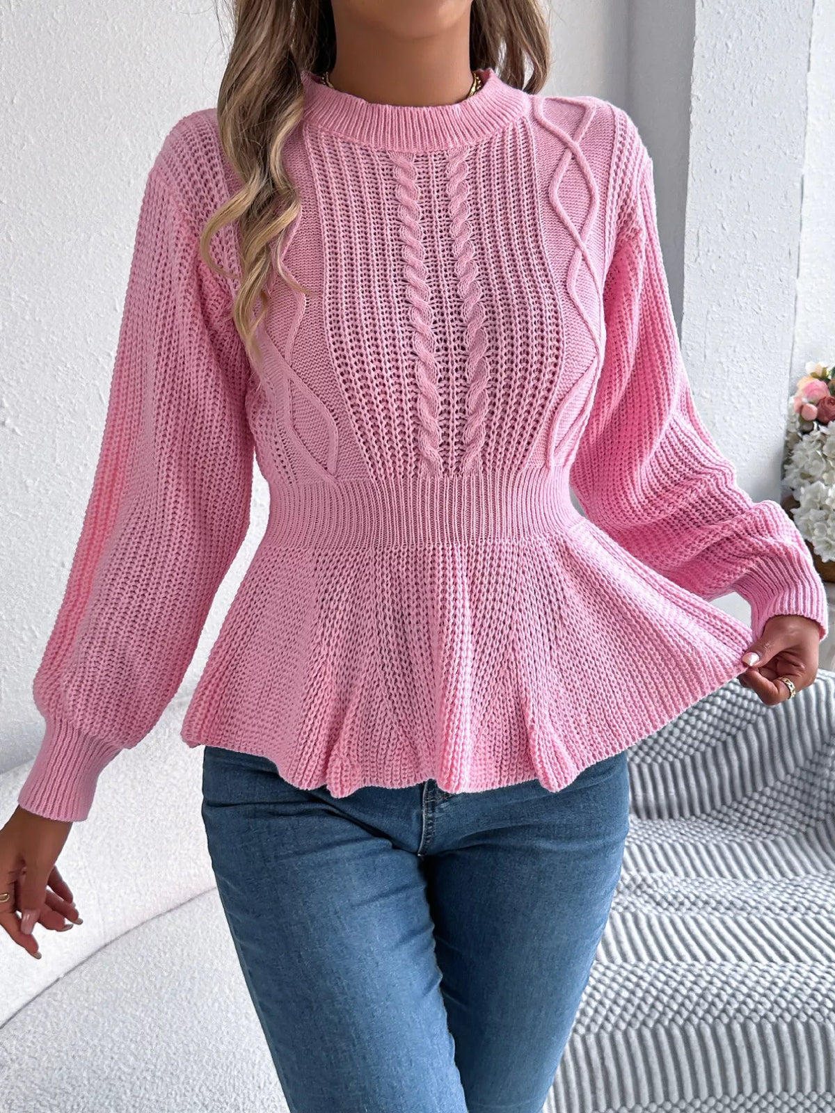 Cable Knit Round Neck Peplum Sweater (11)