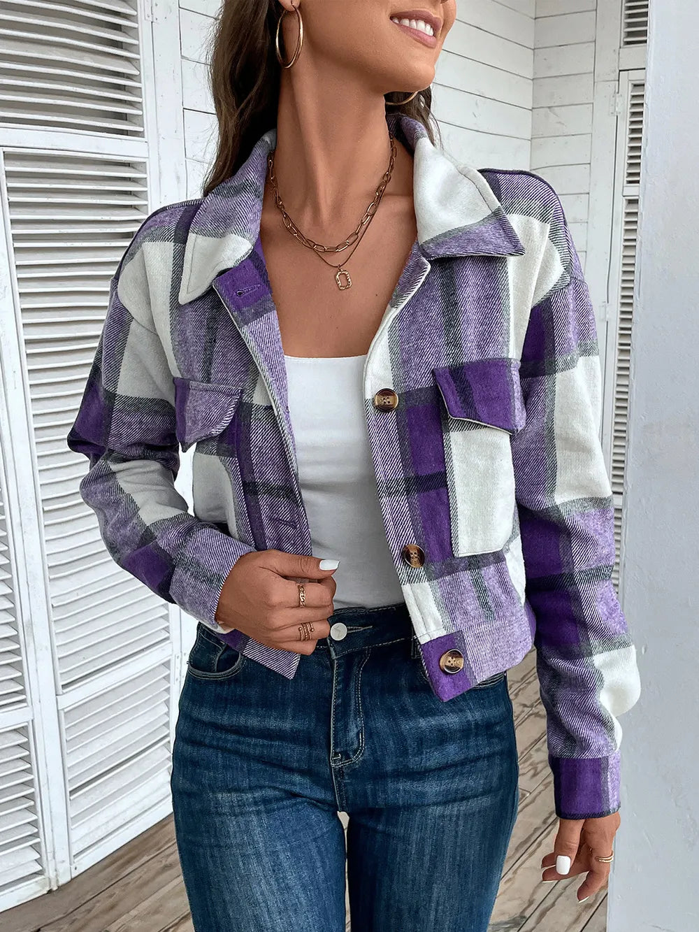 Plaid Button Up Drop Shoulder Cropped Jacket (26)
