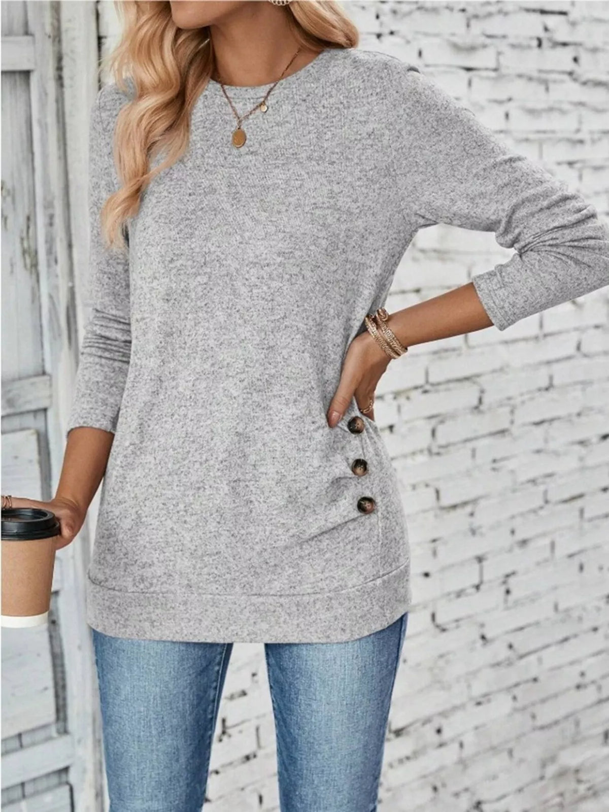 Casual Decor Button Long Sleeve T-shirt (4)