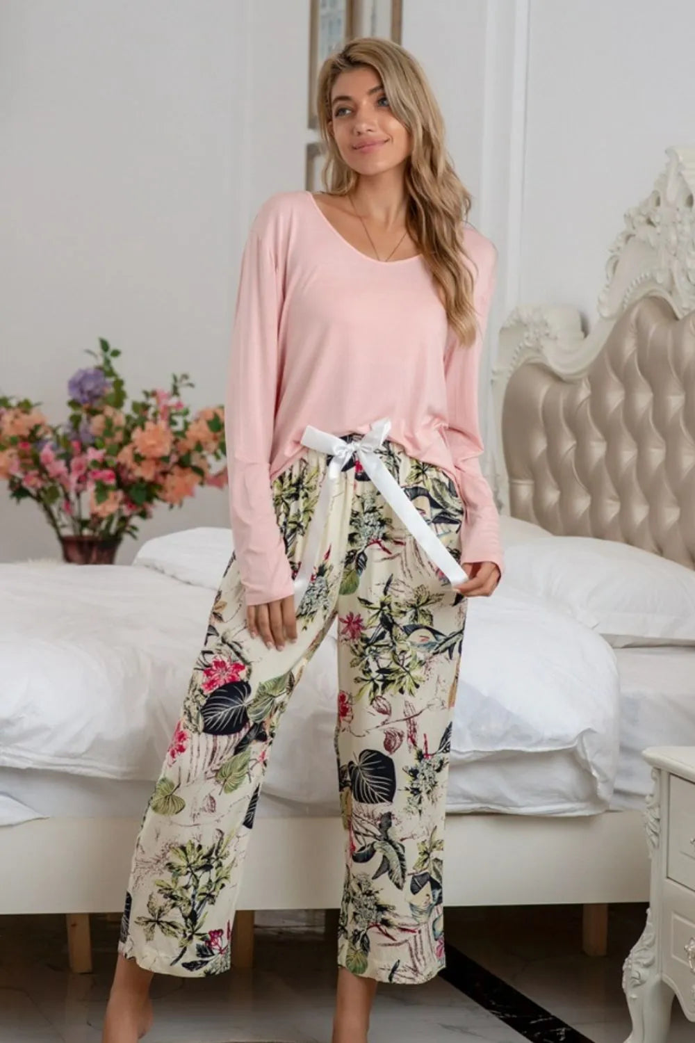 Round Neck Top Printed Pants Lounge Set