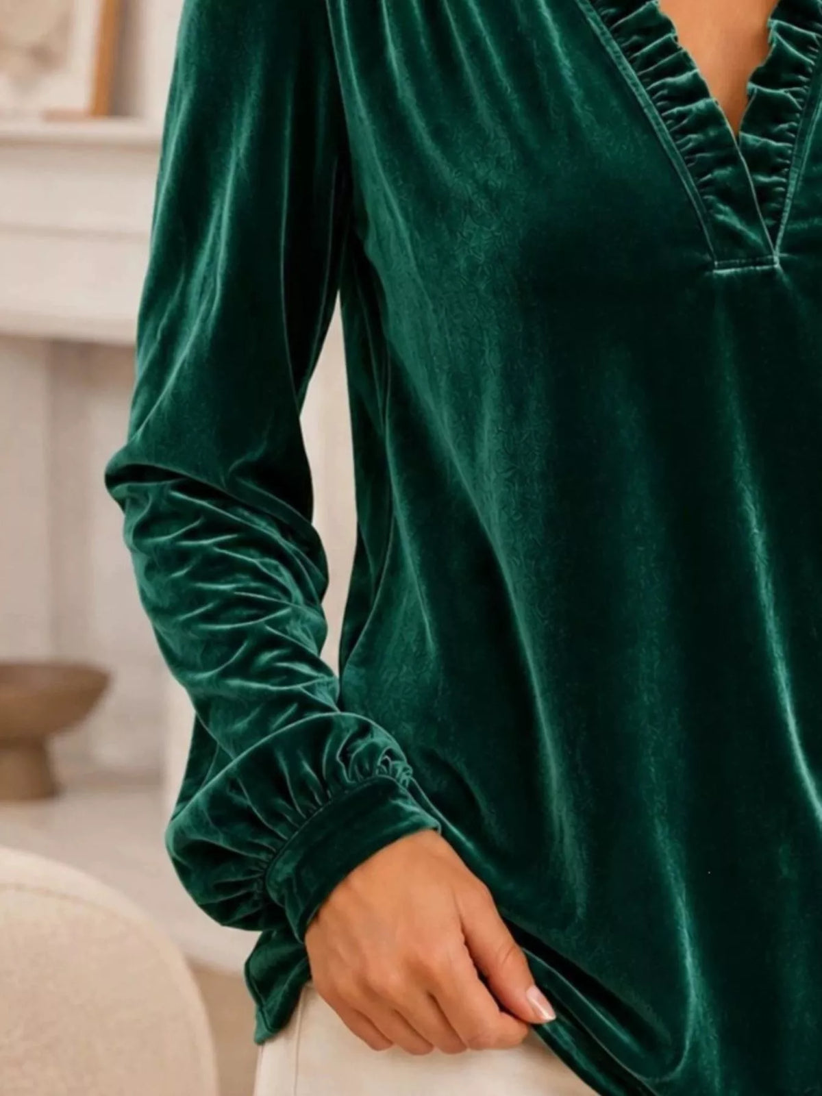V-neck Ruffle Trim Velvet Blouse (15)