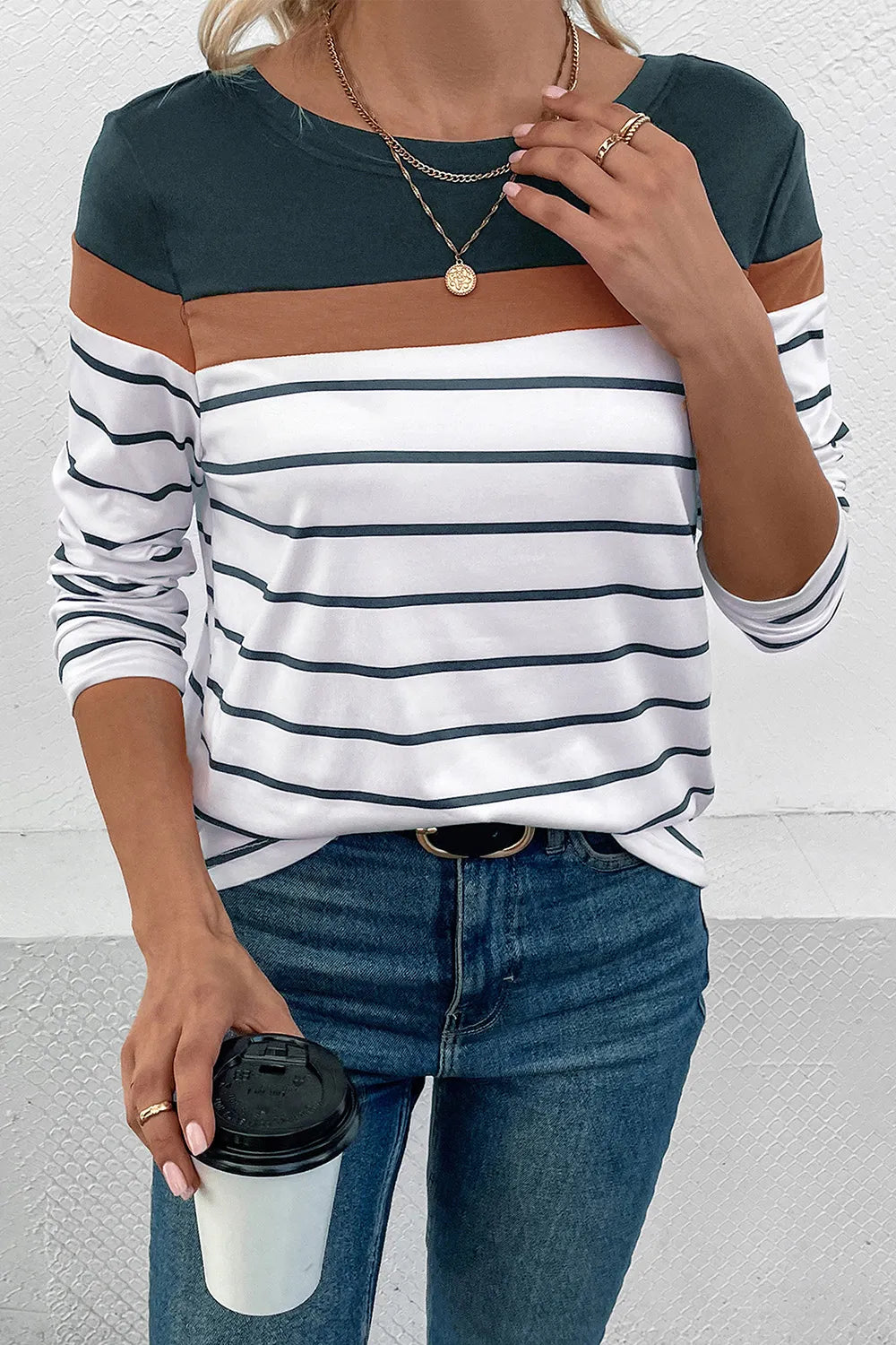 Striped Round Neck Long Sleeve T-shirt (8)