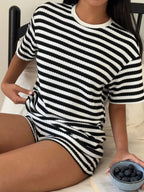Striped Round Neck Top Shorts Set (9)