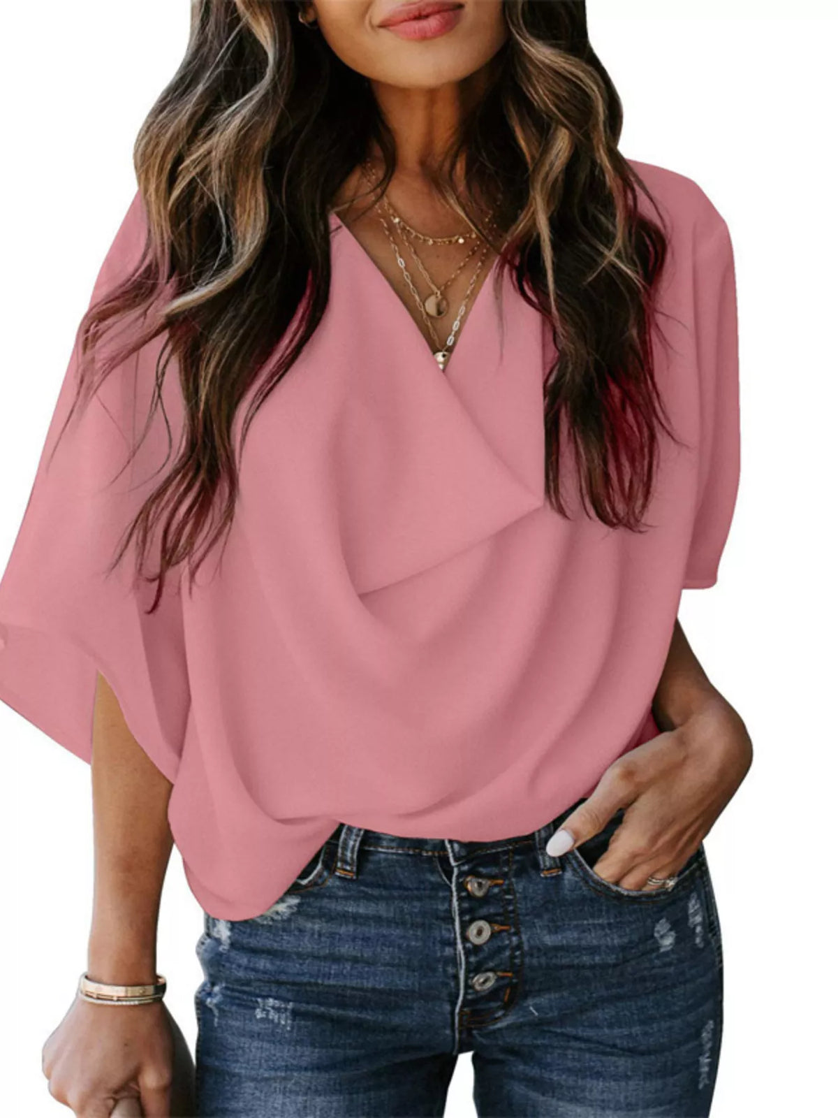 Full Size Half Sleeve Flowy Blouse Plus