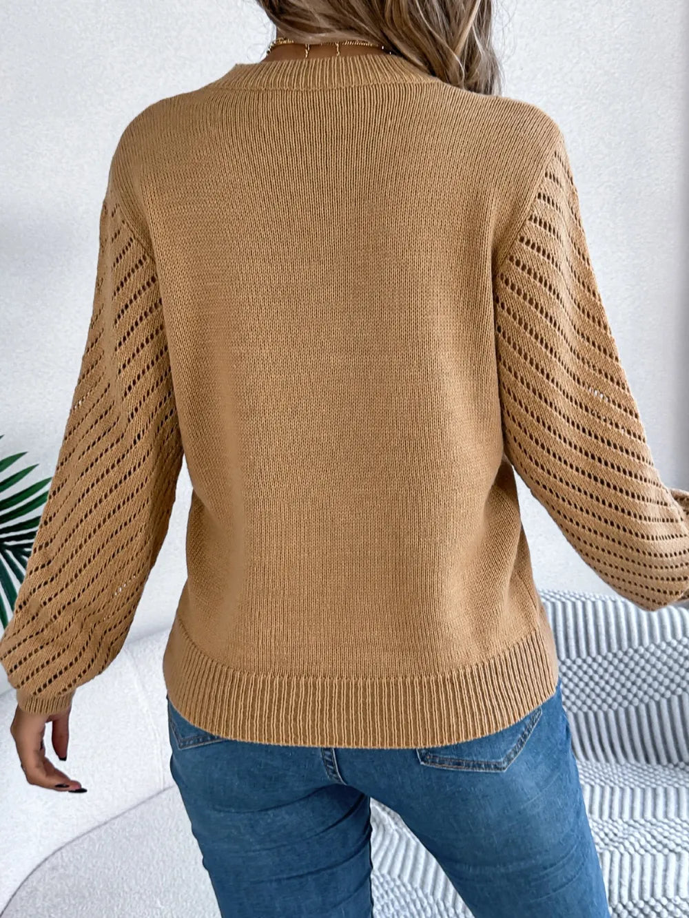 Openwork Round Neck Long Sleeve Knit Top (10)
