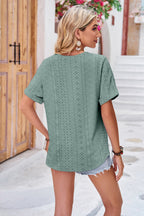 Buttoned Notched Neck Eyelet Top (15)