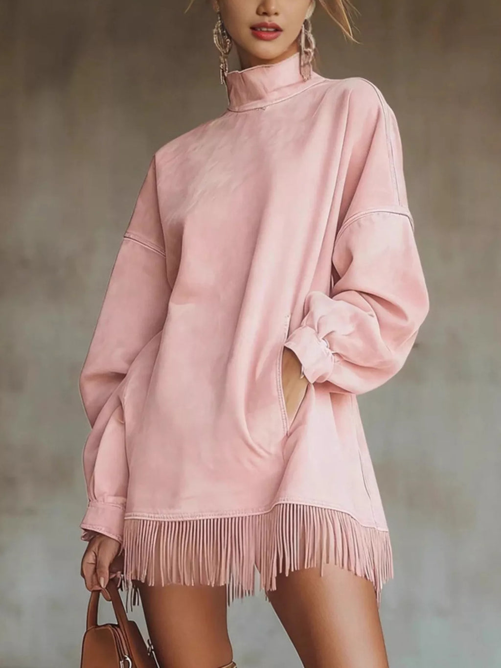 Full Size Mock Neck Fringed Hem Long Sleeve Mini Dress Plus