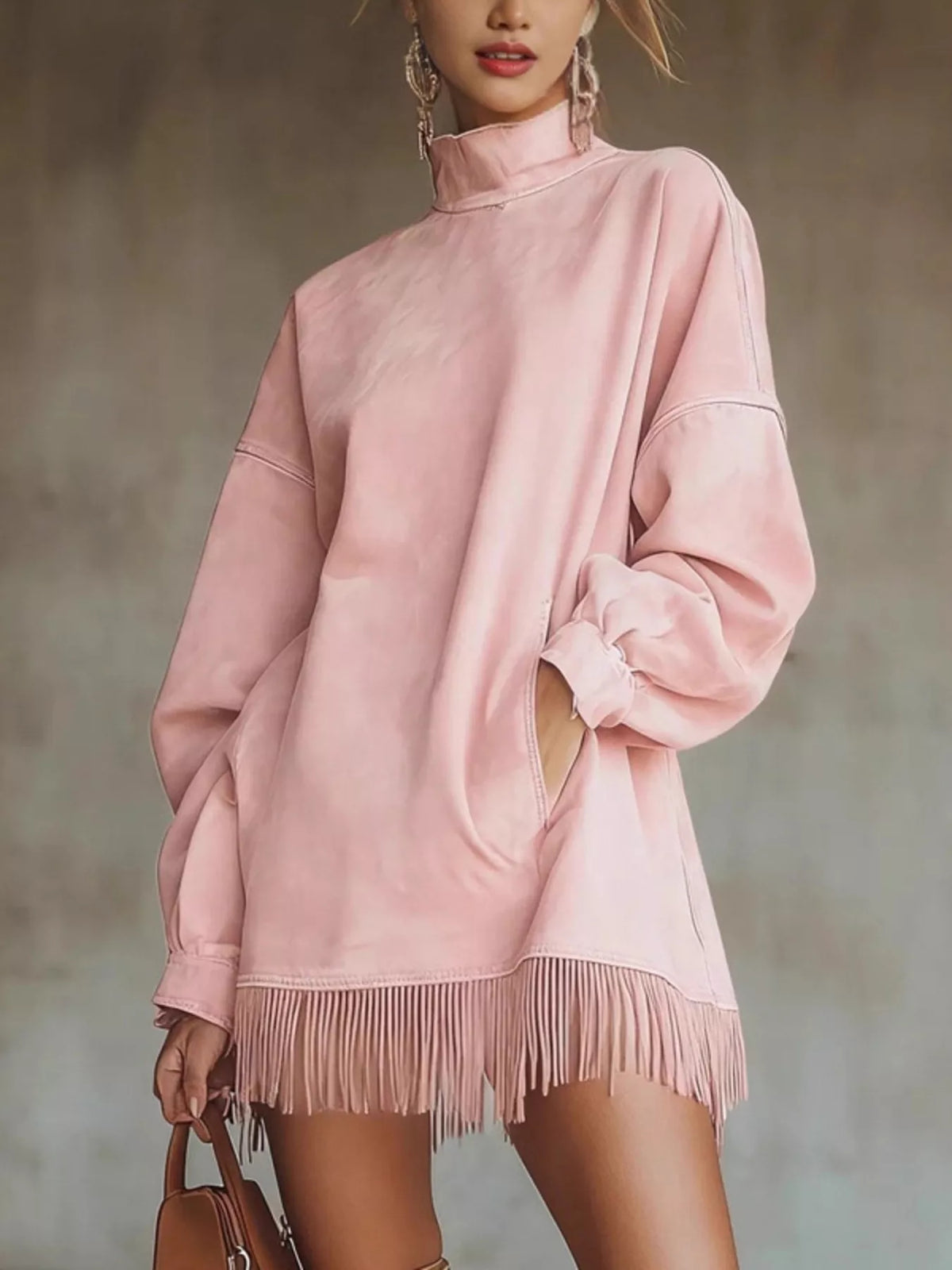 Full Size Mock Neck Fringed Hem Long Sleeve Mini Dress Plus