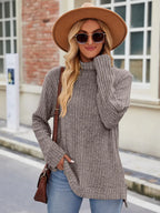 Ribbed Turtleneck Long Sleeve Slit Knit Top (3)