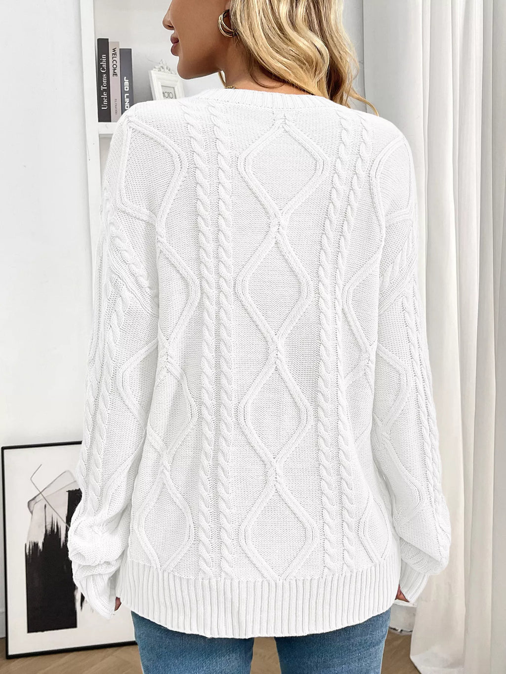 Cable Knit Round Neck Long Sleeve Sweater (9)