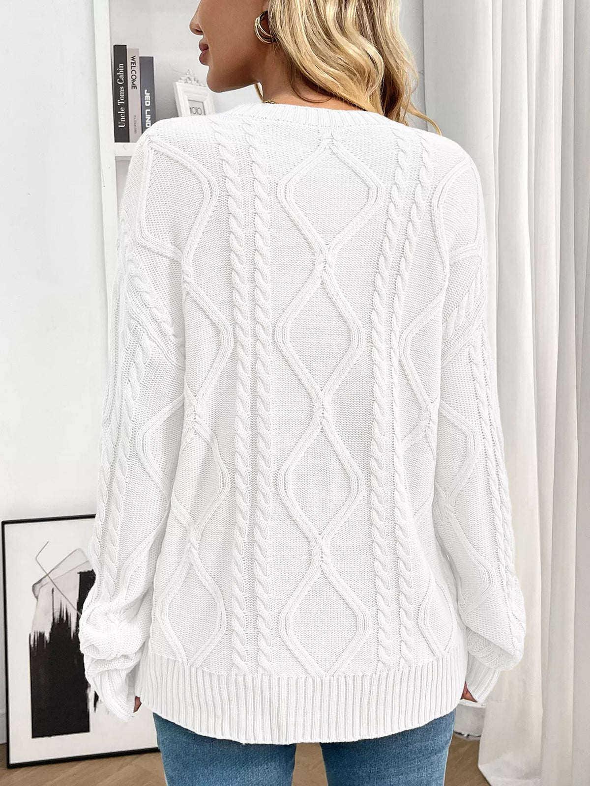 Cable Knit Round Neck Long Sleeve Sweater (9)