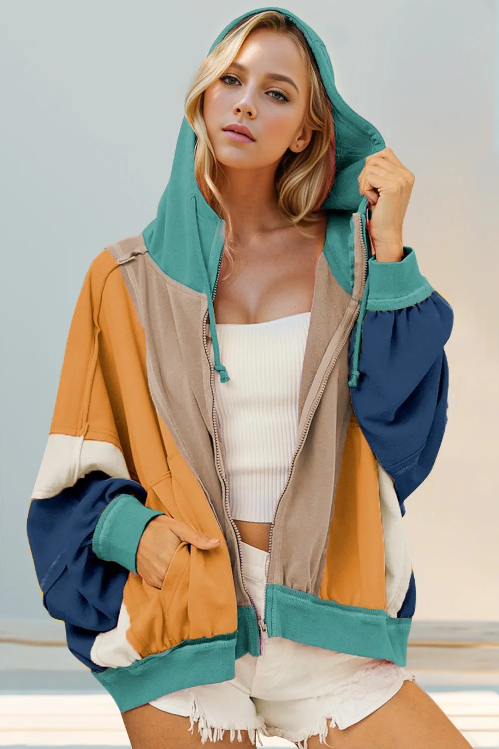 Full Size Block Zip Up Hoodie