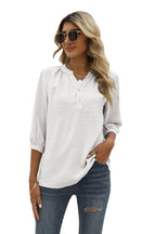 Swiss Dot Notched Neck Three-quarter Sleeve Blouse (31)