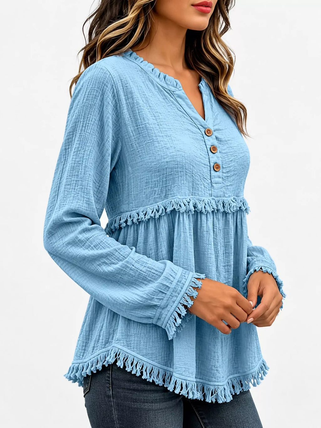 Full Size Frayed Hem Button Detail Blouse Plus (27)