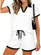 Polo Collar Short Sleeve Top Shorts Set (8)