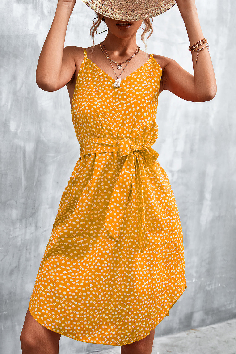 Printed V-neck Tie Waist Mini Dress (14)