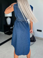 Collared Neck Cap Sleeve Denim Dress (4)