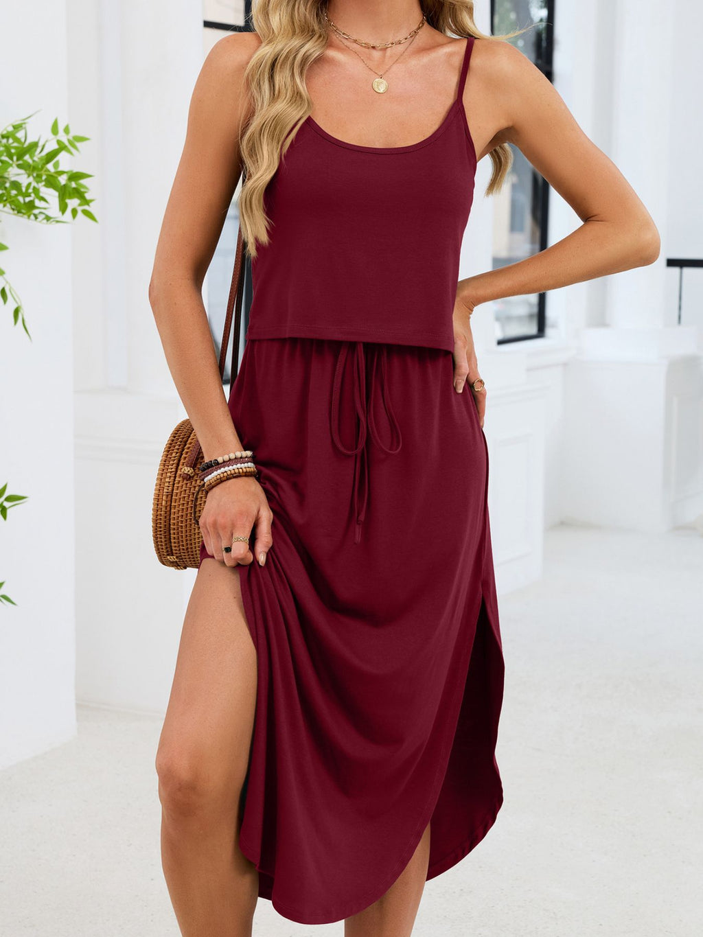 Scoop Neck Drawstring Waist Dress (19)