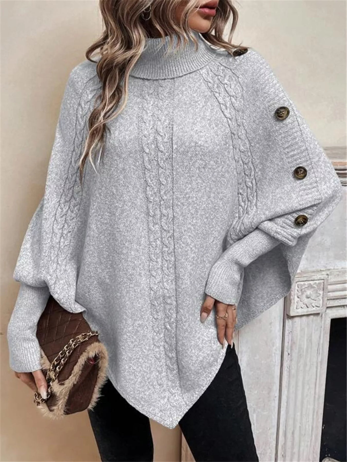 Cable Knit Turtleneck Cape Sweater (16)