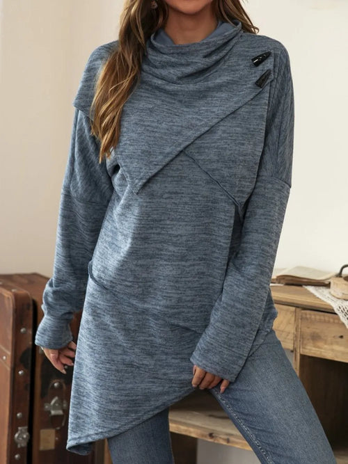 Asymmetrical Hem Cowl Neck Long Sleeve T-shirt