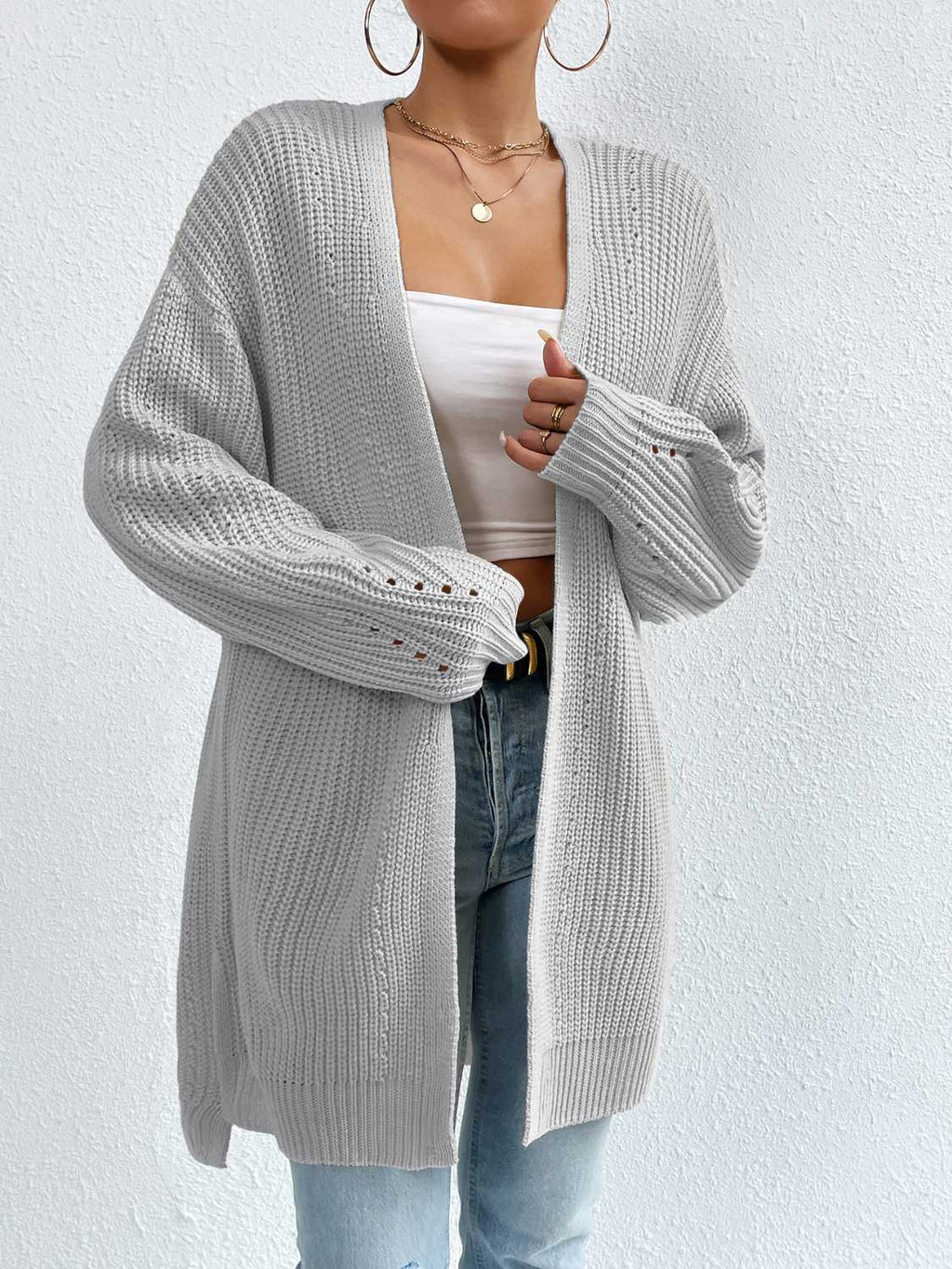 Open Front Dropped Shoulder Slit Cardigan (7)
