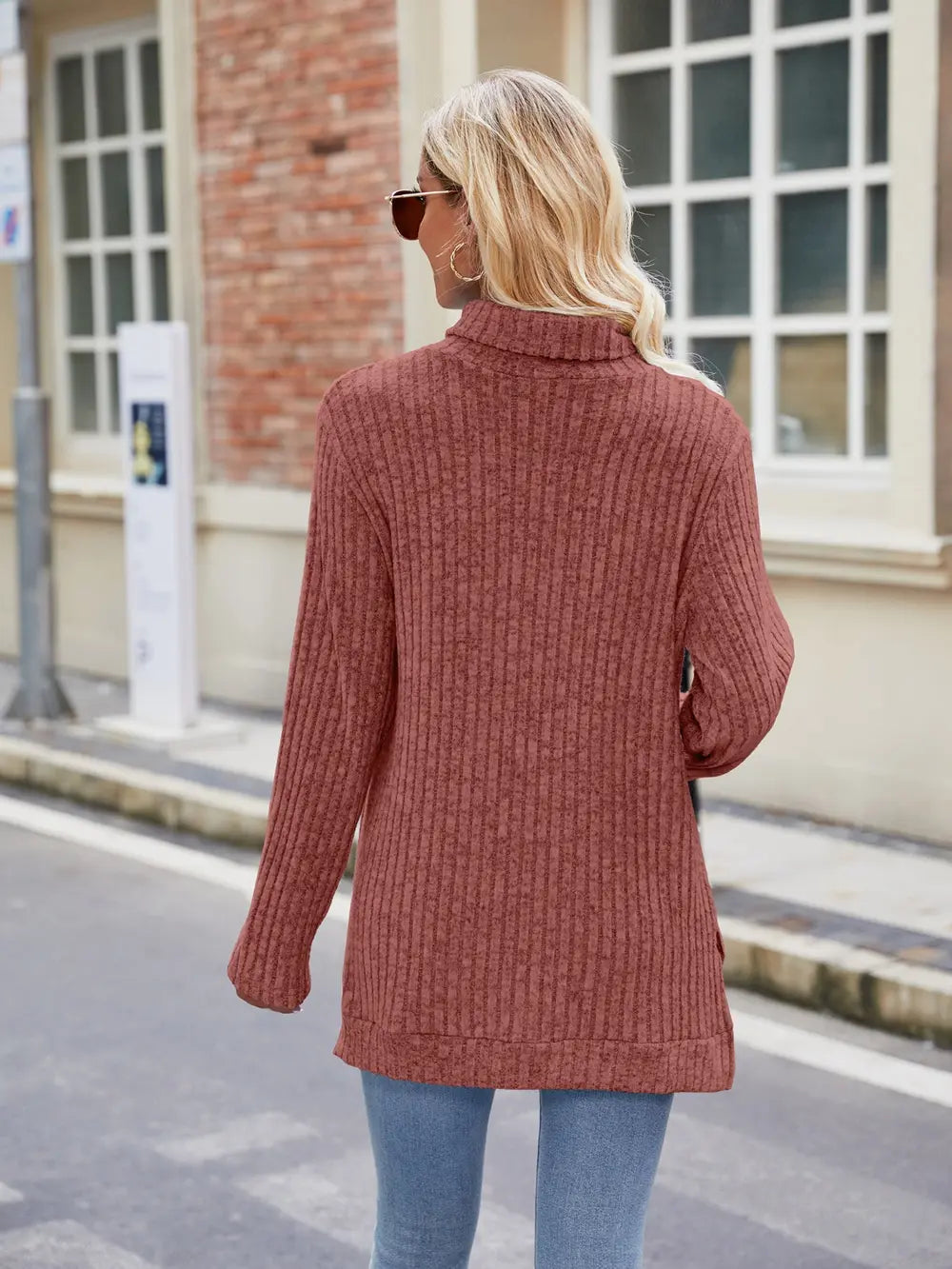 Ribbed Turtleneck Long Sleeve Slit Knit Top (13)
