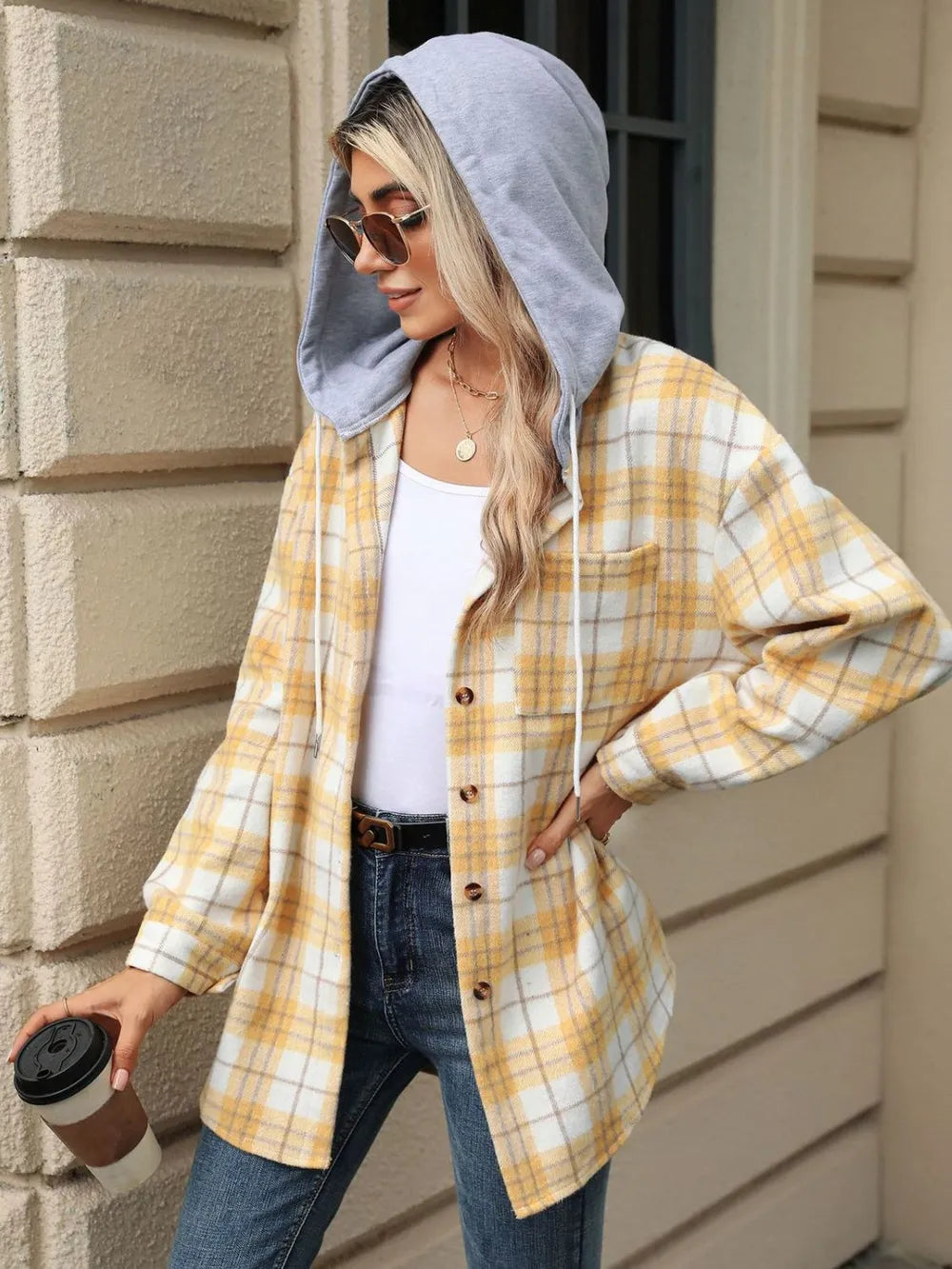 Drawstring Plaid Button Up Hooded Jacket (7)
