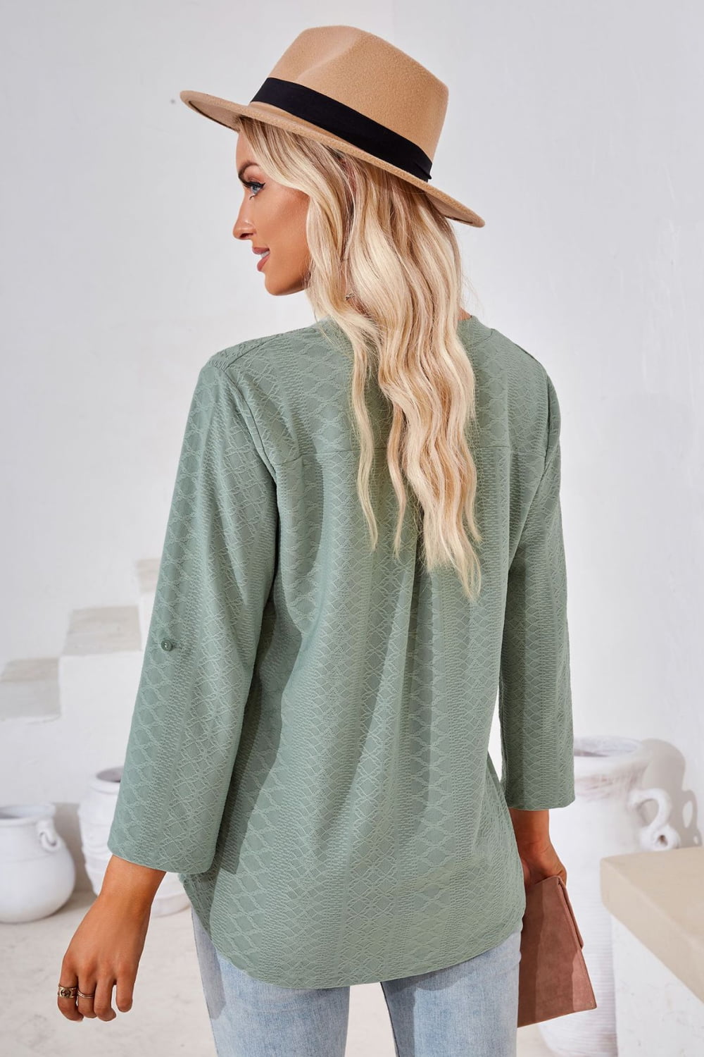 V-neck Roll-tap Sleeve Blouse (15)