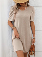Textured Round Neck Short Sleeve Mini Dress (18)