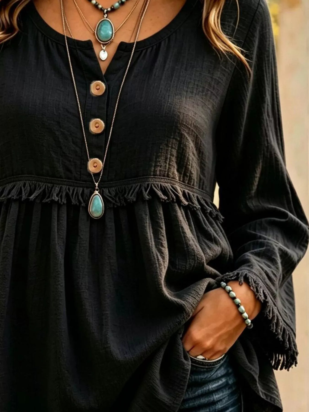 Button-down Detail Fringed Hem Blouse (11)