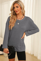 Waffle-knit Round Neck Long Sleeve Sweatshirt (8)
