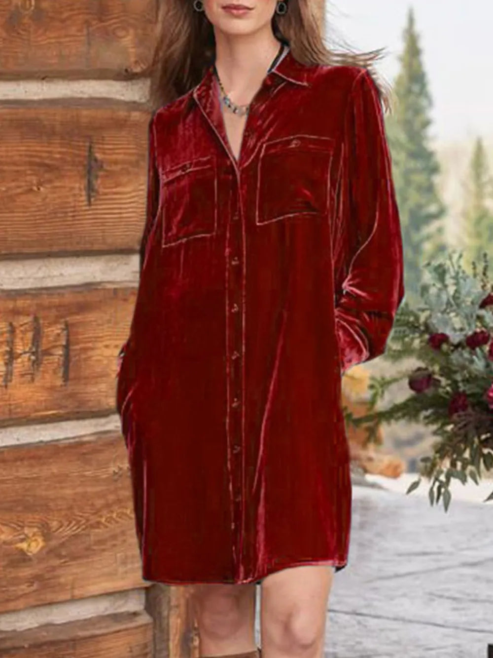 High-low Button Up Long Sleeve Knee Length Dress (10)
