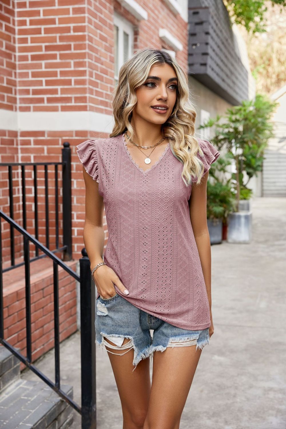 Eyelet Flutter Sleeve Scalloped V-neck Top (14)