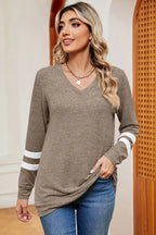 Striped V-neck Long Sleeve T-shirt (10)
