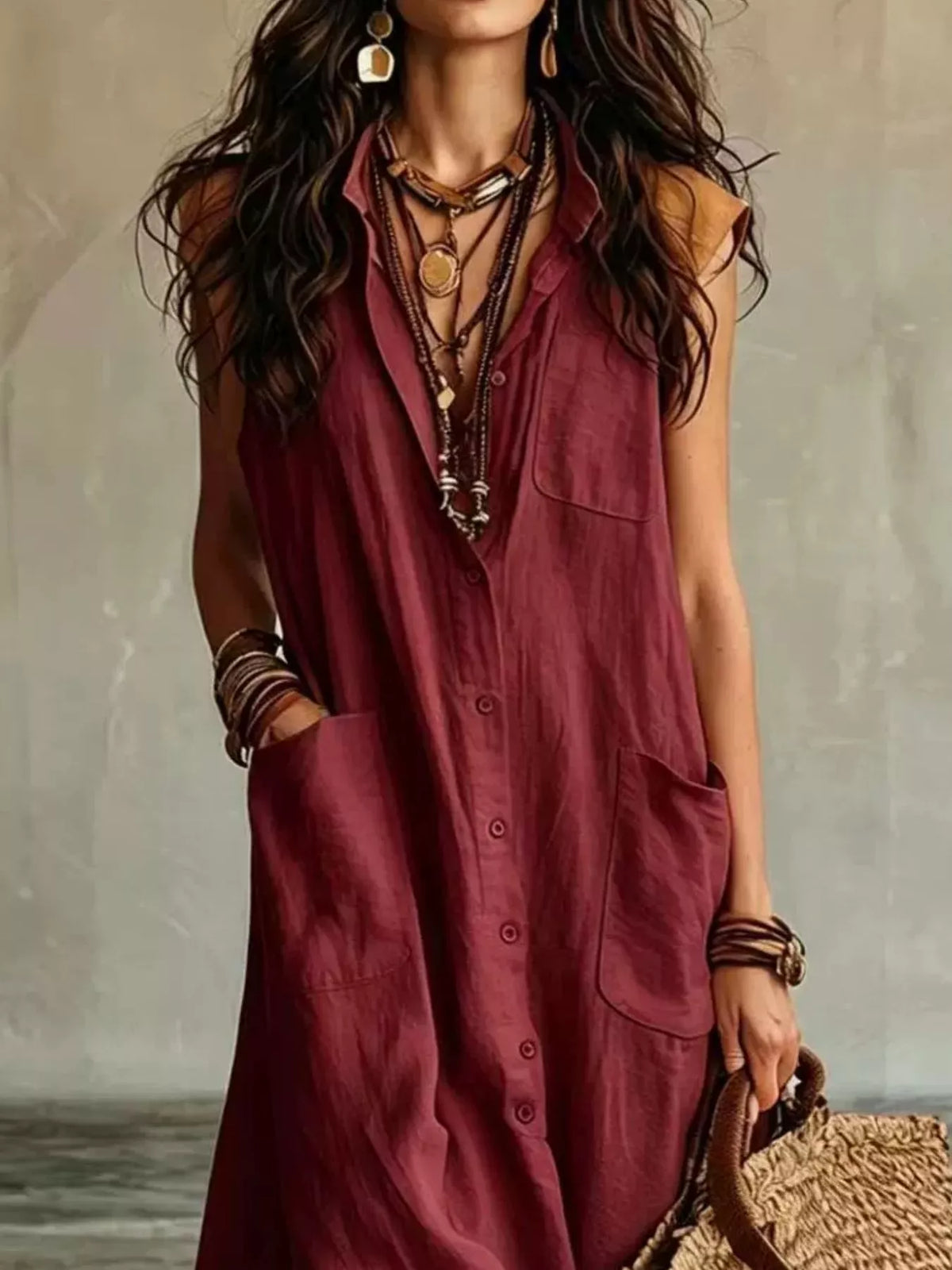 Sleeveless Button-down Linen Maxi Dress (11)