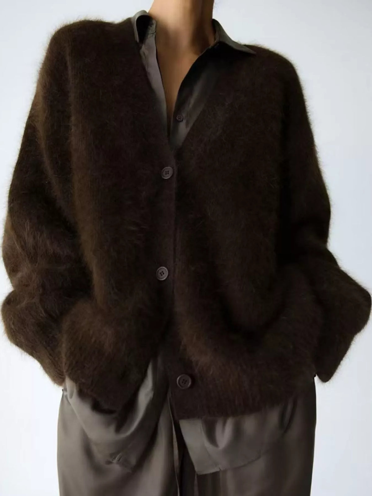 Fuzzy V-neck Button-down Cardigan (19)