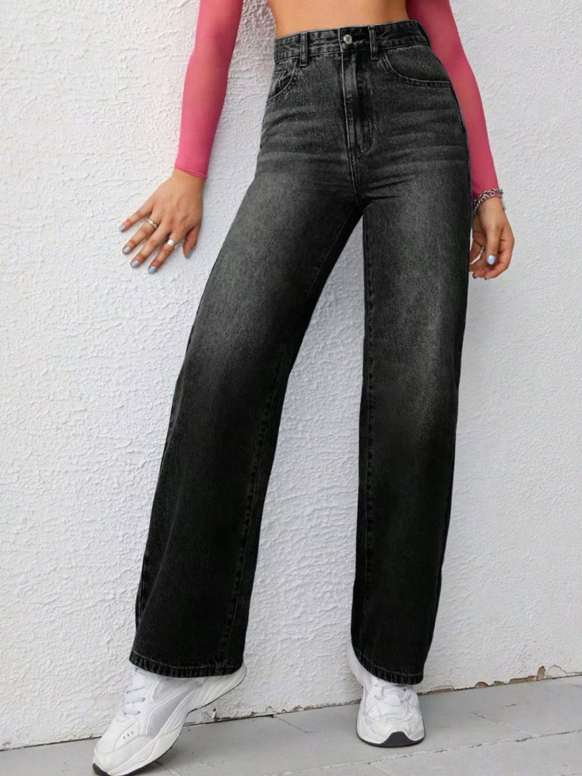 High-waisted Wide-leg Washed Jeans (6)