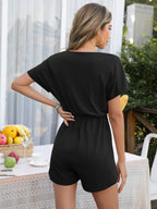 Decorative Button Round Neck Short Sleeve Romper (2)