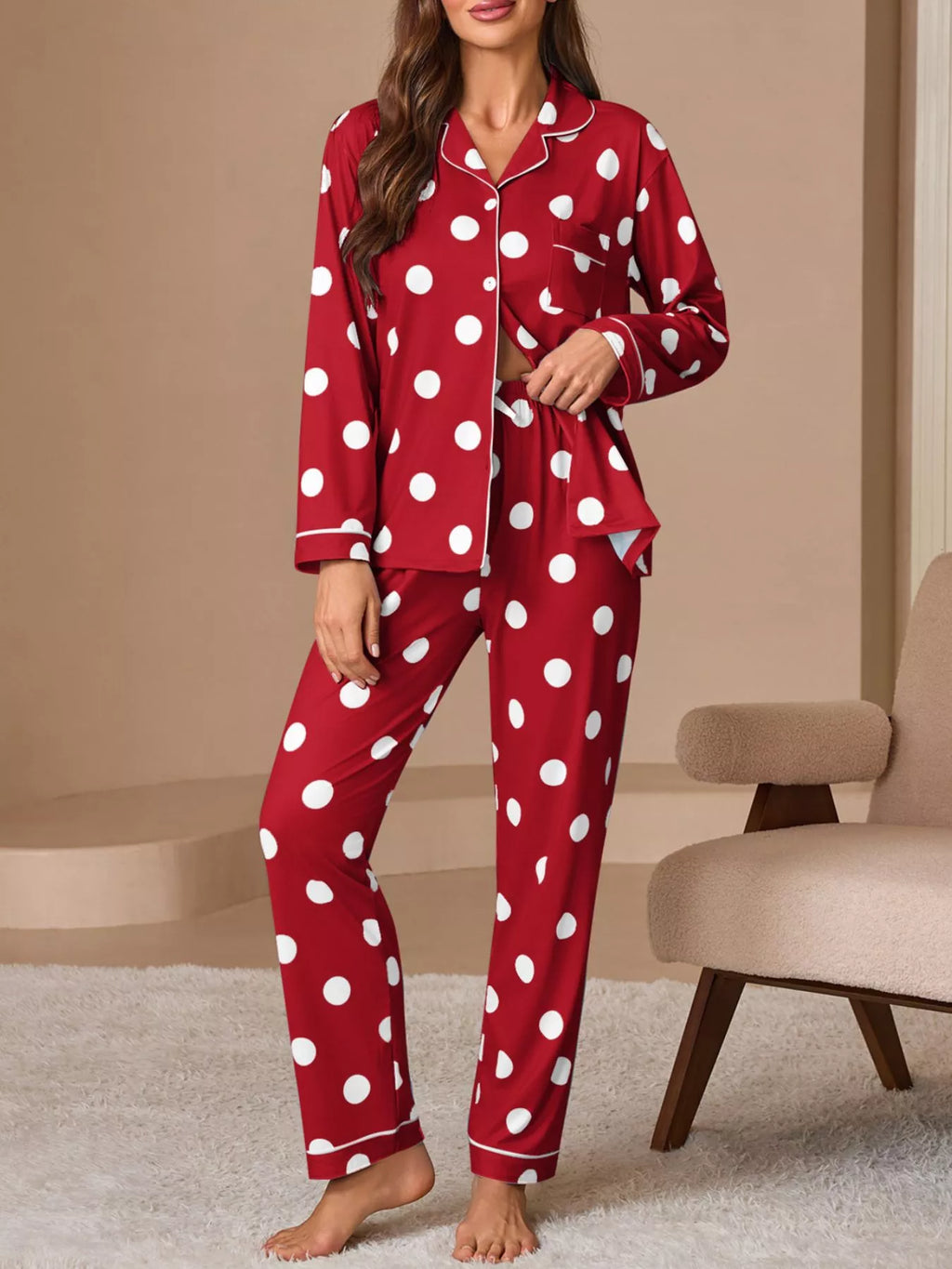 Polka Dot Button-down Top Pants Lounge Set