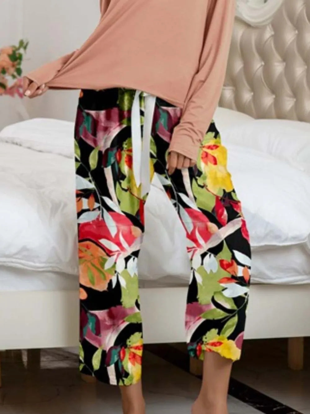 Round Neck Top Printed Pants Lounge Set (9)
