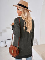 Crochet Contrast V-neck Long Sleeve Slit T-shirt (25)